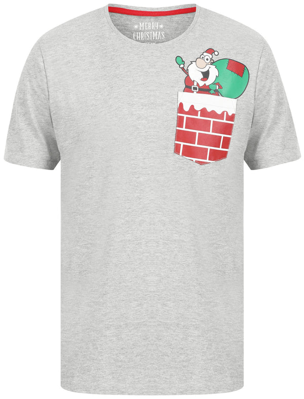 Waving Santa Pocket Motif Novelty Cotton Christmas T-Shirt in Light Grey Marl - Merry Christmas