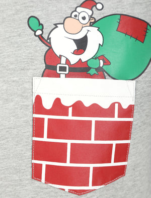 Waving Santa Pocket Motif Novelty Cotton Christmas T-Shirt in Light Grey Marl - Merry Christmas
