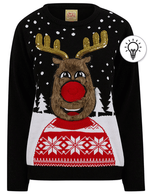 Women s Happy Vixen Motif LED Light Up Novelty Christmas Jumper in