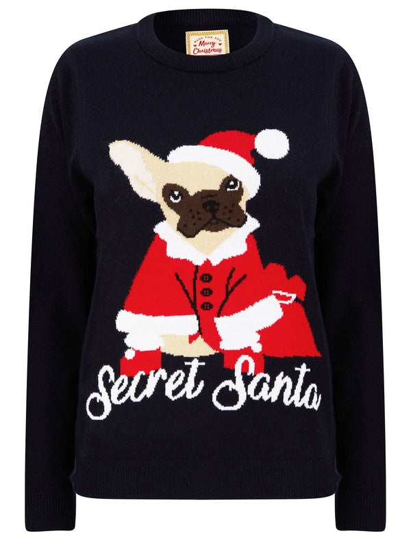 Women’s Secret Santa Dog Motif Novelty Christmas Jumper in Ink - Merry Christmas