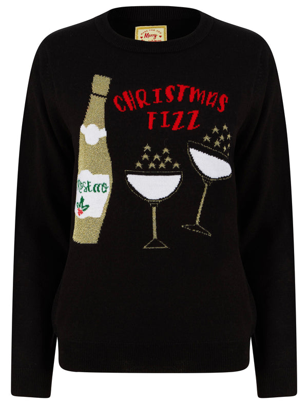 Women’s Christmas Fizz Lurex Glitter Novelty Christmas Jumper In Jet Black - Merry Christmas