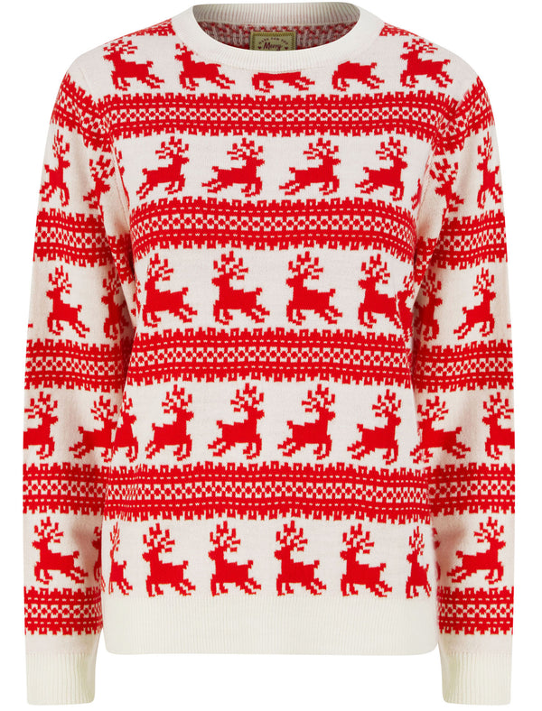 Women’s Leaping Reindeers Wallpaper Print Novelty Christmas Jumper in Gardenia - Merry Christmas