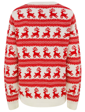 Women’s Leaping Reindeers Wallpaper Print Novelty Christmas Jumper in Gardenia - Merry Christmas