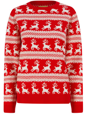 Women’s Leaping Reindeers Wallpaper Print Novelty Christmas Jumper in High Risk Red - Merry Christmas
