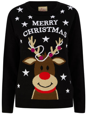 Women’s Tangled Reindeer Motif Novelty Christmas Jumper in Jet Black - Merry Christmas