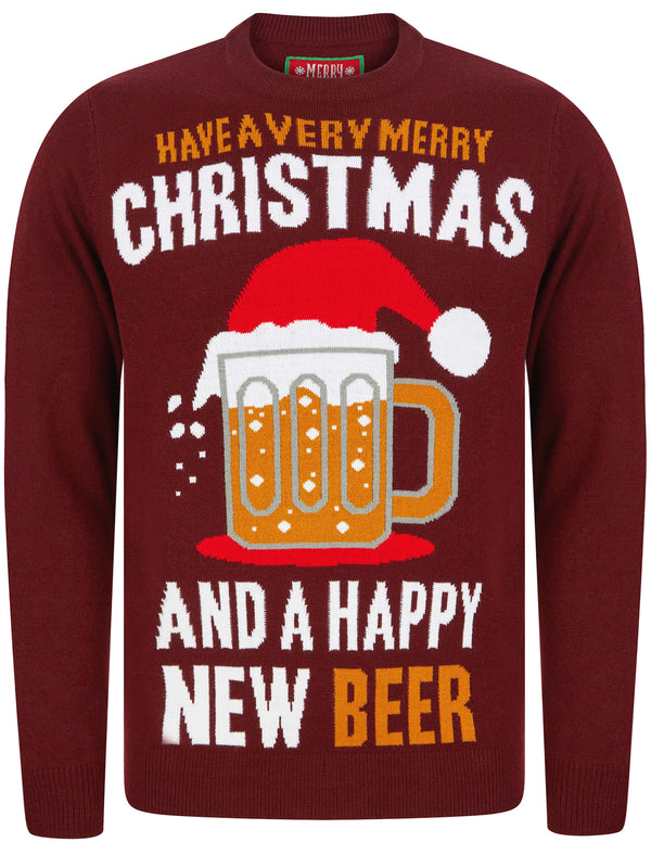 Men's Xmas Pint Motif Novelty Christmas Jumper in Claret - Merry Christmas