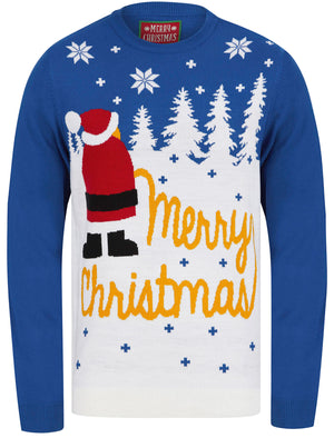 Men’s Xmas Snow 2 Motif Funny Novelty Christmas Jumper in Olympian Blue - Merry Christmas