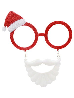 Santa Hat & Beard Hanging Novelty Christmas Glasses in Red Glitter - Merry Christmas