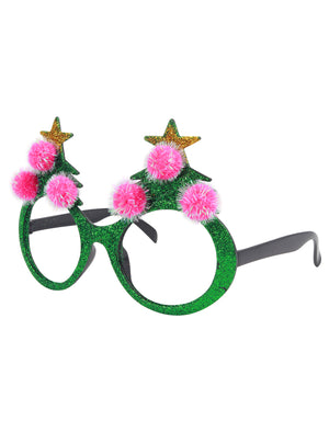 Pom Pom Tree with Star Novelty Christmas Glasses in Green Glitter  - Merry Christmas