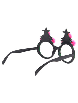 Pom Pom Tree with Star Novelty Christmas Glasses in Green Glitter  - Merry Christmas