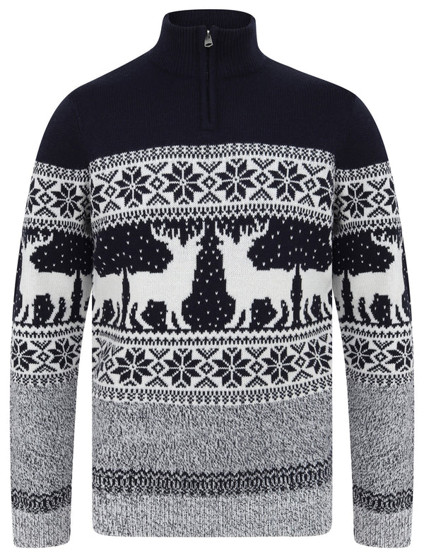 Men's Gullfoss Nordic Fair Isle Jacquard Knit Jumper with Quarter Zip Funnel Neck in Ink - Merry Christmas