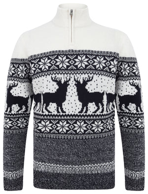 Gullfoss Nordic Fairisle Jacquard Knit Jumper with Half Zip in Laundered Ecru - Merry Christmas