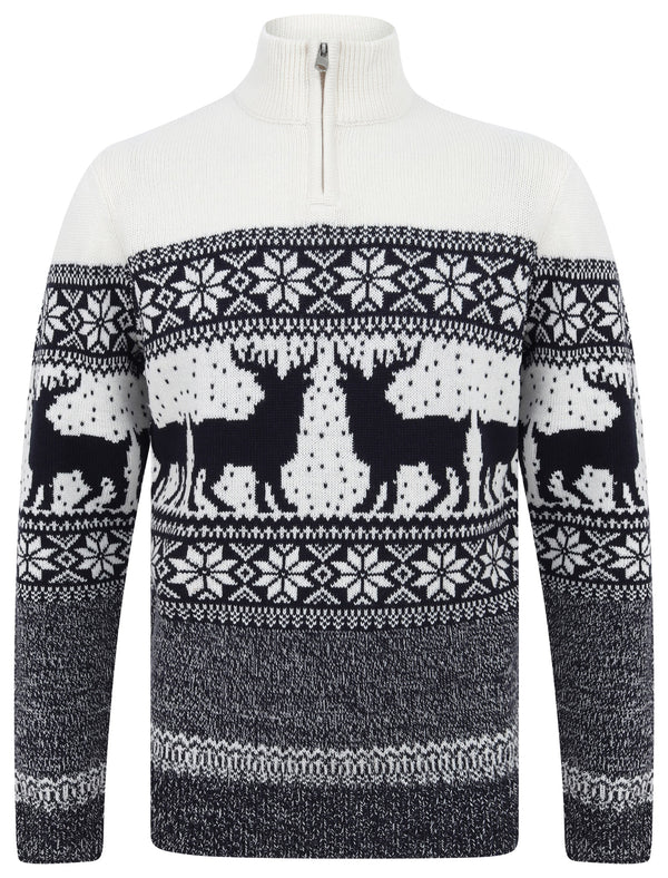 Men's Gullfoss Nordic Fair Isle Jacquard Knit Jumper with Quarter Zip Funnel Neck in Laundered Ecru - Merry Christmas