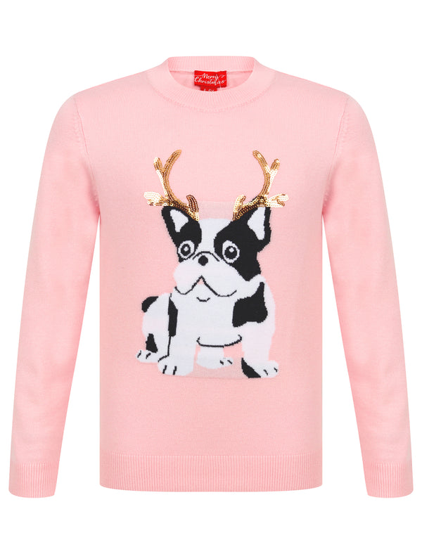 Girls Xmas Frenchie Novelty Christmas Jumper in Almond Blossom - Merry Christmas Kids (4-12yrs)