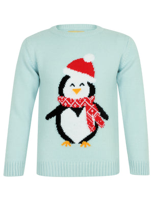 Girls Xmas Penguin Novelty Christmas Jumper in Ballad Blue - Merry Christmas Kids (4-12yrs)