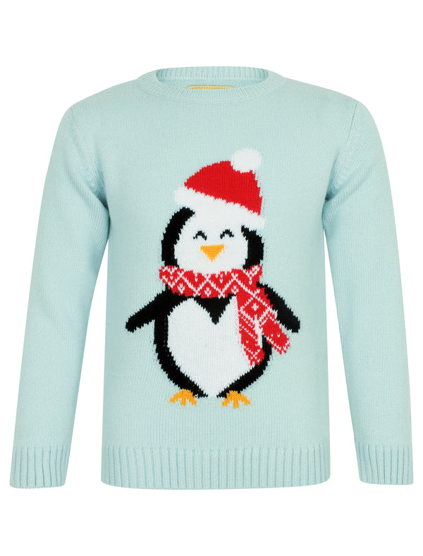 Girls Xmas Penguin Novelty Christmas Jumper in Ballad Blue - Merry Christmas Kids (4-12yrs)