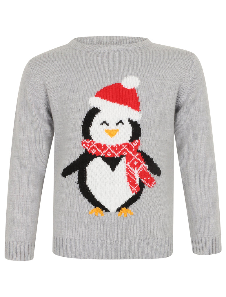 Girls Xmas Penguin Novelty Christmas Jumper in Light Grey Marl Merry Tokyo Laundry