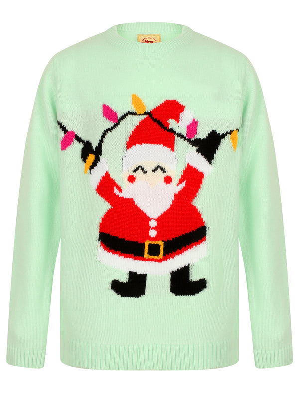 Girls Xmas Santa Novelty Christmas Jumper in Misty Jade - Merry Christmas Kids (4-12yrs)
