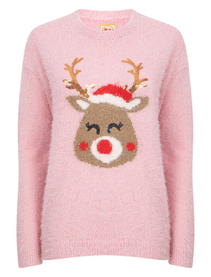Women’s Fluffy Reindeer LED Light Up Nose Novelty Christmas Jumper in Pink Almond Blossom