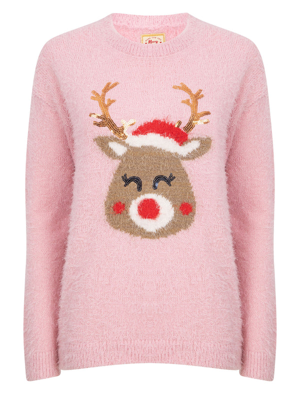 Women’s Fluffy Reindeer LED Light Up Nose Novelty Christmas Jumper in Pink Almond Blossom