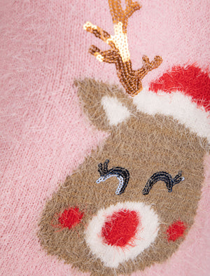 Women’s Fluffy Reindeer LED Light Up Nose Novelty Christmas Jumper in Pink Almond Blossom