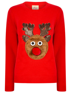 Women’s Fur Reindeer Motif Novelty Christmas Jumper in High Risk Red