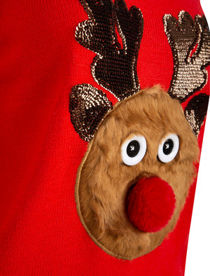 Women’s Fur Reindeer Motif Novelty Christmas Jumper in High Risk Red