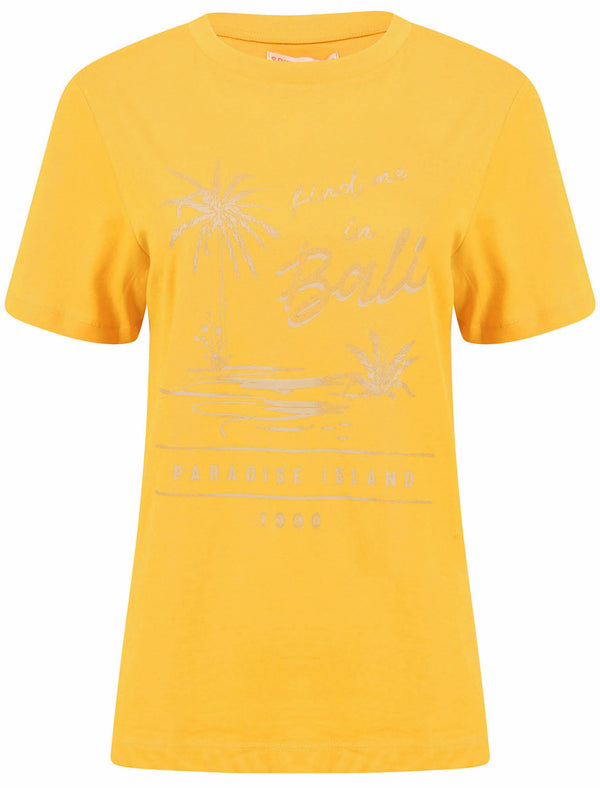 Bali Motif Cotton Crew Neck T-Shirt in Old Gold - South Shore