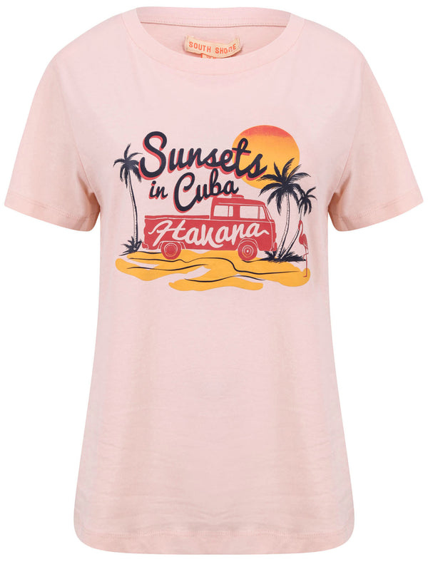 Sunsets Motif Cotton Crew Neck T-Shirt in English Rose - South Shore