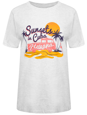 Sunsets Motif Cotton Crew Neck T-Shirt in White Grey Marl - South Shore