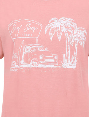 Surf Shop Motif Cotton Ringer T-Shirt in Bridal Rose - South Shore