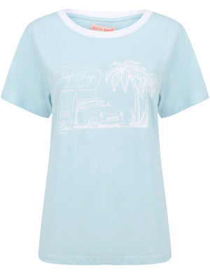 Surf Shop Motif Cotton Ringer T-Shirt in Corydalis Blue - South Shore