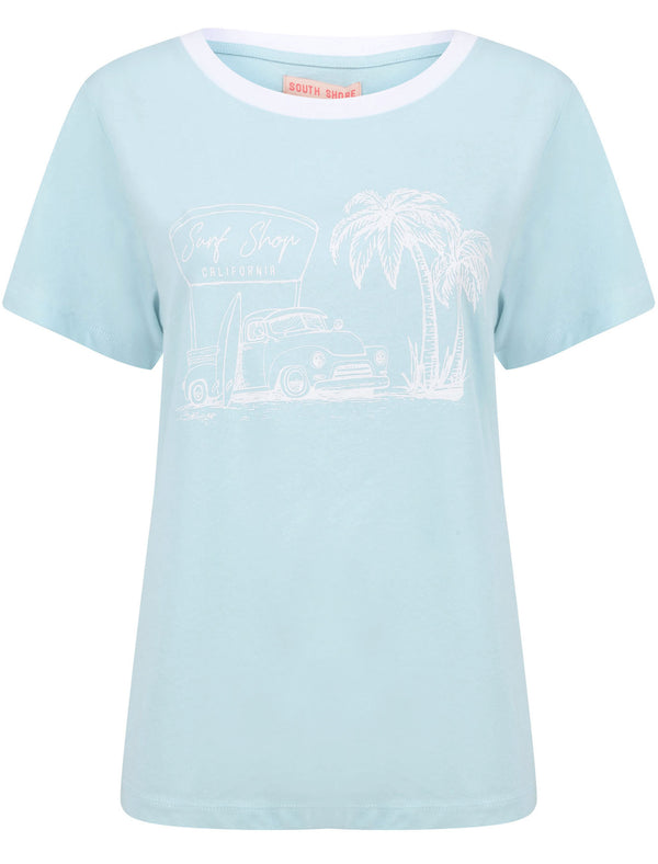Surf Shop Motif Cotton Ringer T-Shirt in Corydalis Blue - South Shore