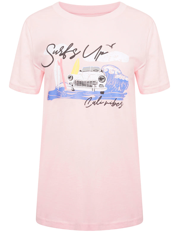 Surfs Up Motif Cotton Crew Neck T-shirt in Pink Almond Blossom - South Shore