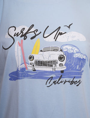 Surfs Up Motif Cotton Crew Neck T-shirt in Angel Falls Blue - South Shore