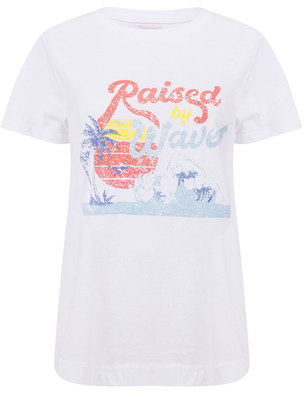 Waves Motif Cotton Crew Neck T-Shirt in Optic White - South Shore
