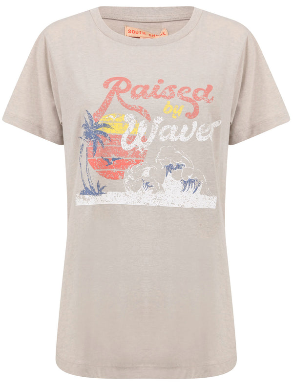 Waves Motif Cotton Crew Neck T-Shirt in Stone Marl - South Shore