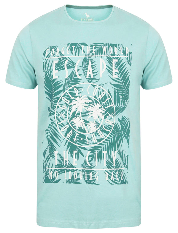 Escape The City Motif Cotton Jersey T-Shirt in Aqua Haze - South Shore