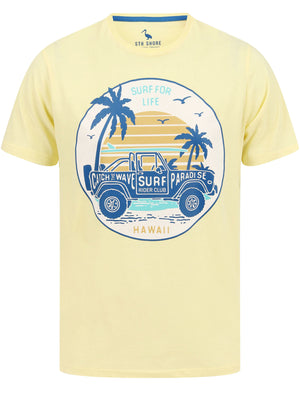 Hawaii Motif Cotton Jersey T-Shirt in Pastel Yellow - South Shore