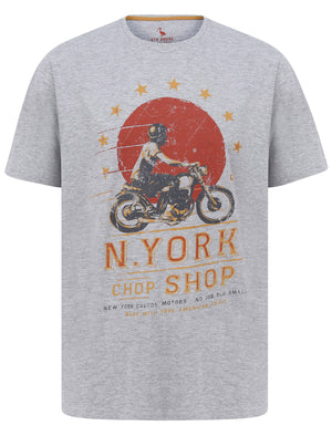 New York Chop Shop Motif Cotton Jersey T-Shirt in Light Grey Marl - South Shore