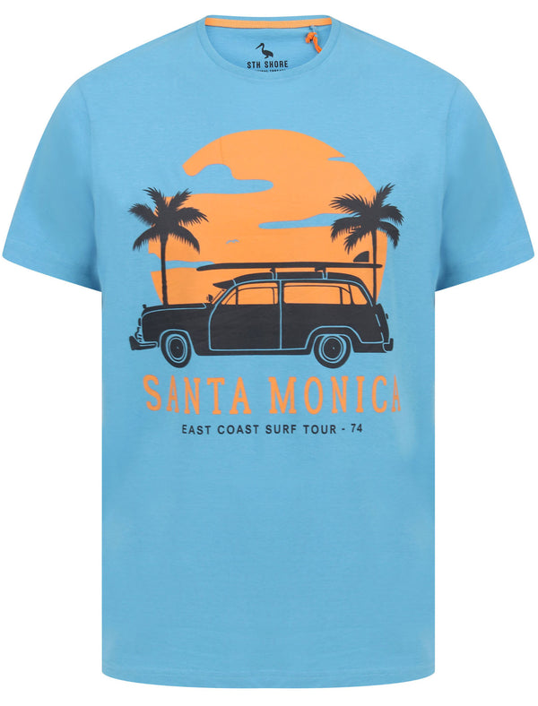 Santa Monica Motif Cotton Jersey T-Shirt in Azure Blue - South Shore