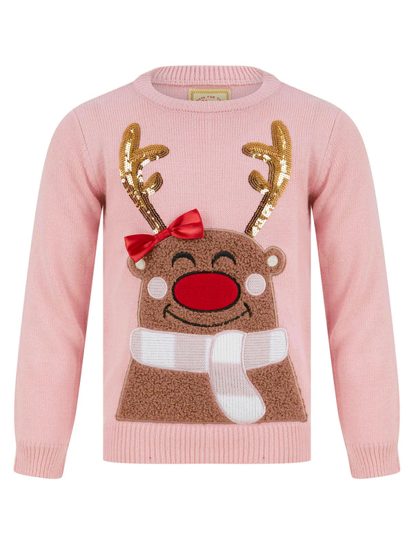 Girl's Sequin Vixen Novelty Christmas Jumper in Pink Almond Blossom - Merry Christmas Kids (4-12yrs)