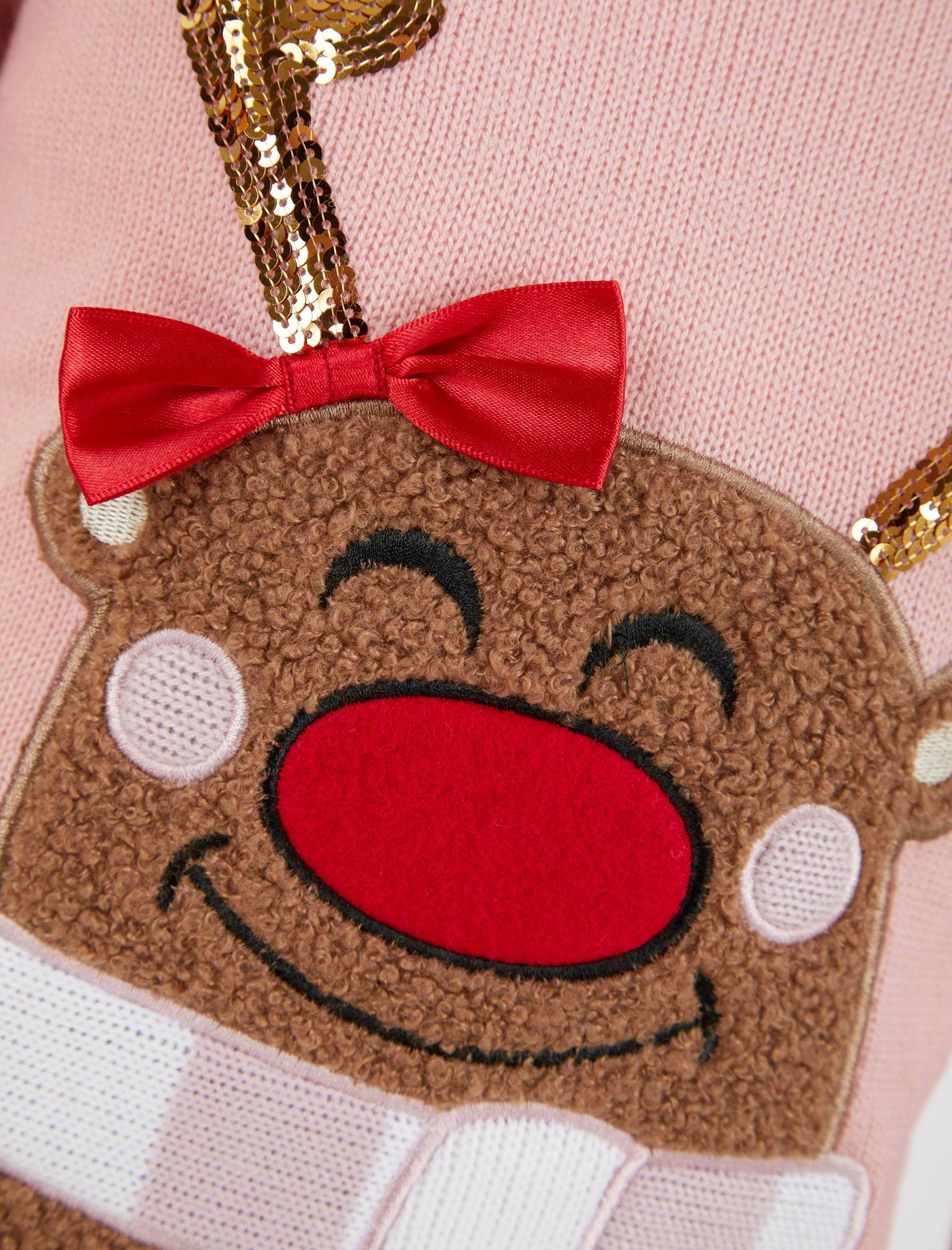 Girl's Sequin Vixen Novelty Christmas Jumper in Pink Almond