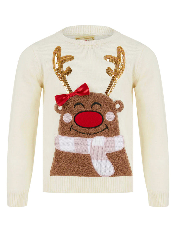 Girl's Sequin Vixen Novelty Christmas Jumper in Cannoli Cream - Merry Christmas Kids (4-12yrs)