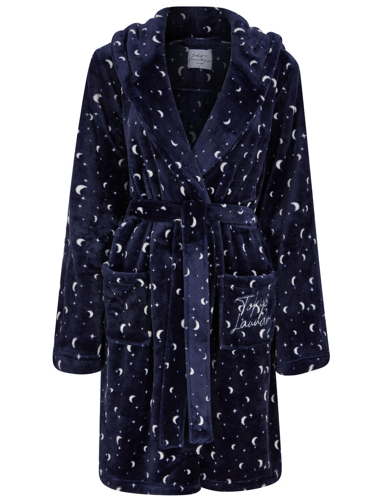 Women's Moon & Stars Soft Fleece Tie Robe Dressing Gown with Hooded Ea ...