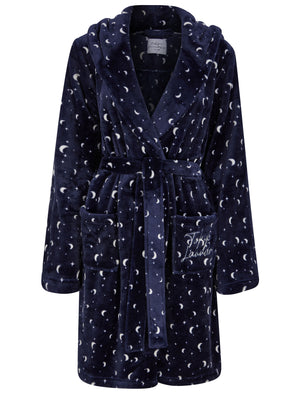 Women's Moon & Stars Soft Fleece Tie Robe Dressing Gown with Hooded Ea – Tokyo Laundry