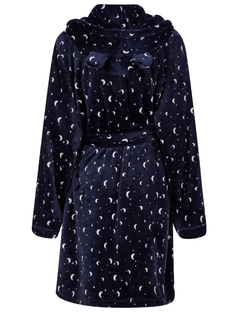 Women's Moon & Stars Soft Fleece Tie Robe Dressing Gown with Hooded Ea ...