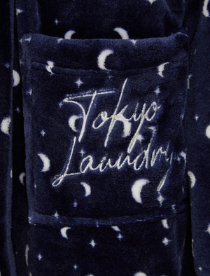 Women's Moon & Stars Soft Fleece Tie Robe Dressing Gown with Hooded Ears in Eclipse Blue - Tokyo Laundry