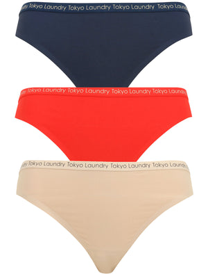 Almeria (3 Pack) No VPL Seam Free Assorted Thongs in Midnight Blue / Lollipop Red / Nude - Tokyo Laundry