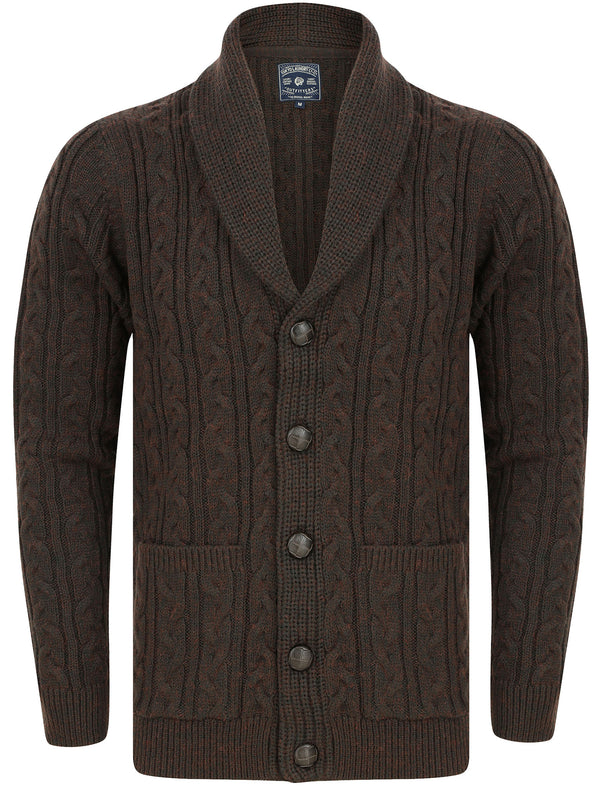 Andromeda Cable Knitted Wool Blend Cardigan with Shawl Collar In Brown - Tokyo Laundry